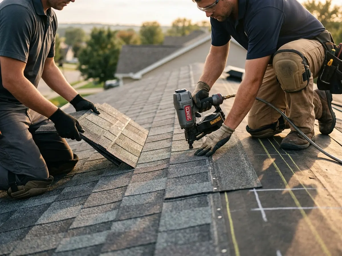 Professional roofer working on a residential roof in College Station